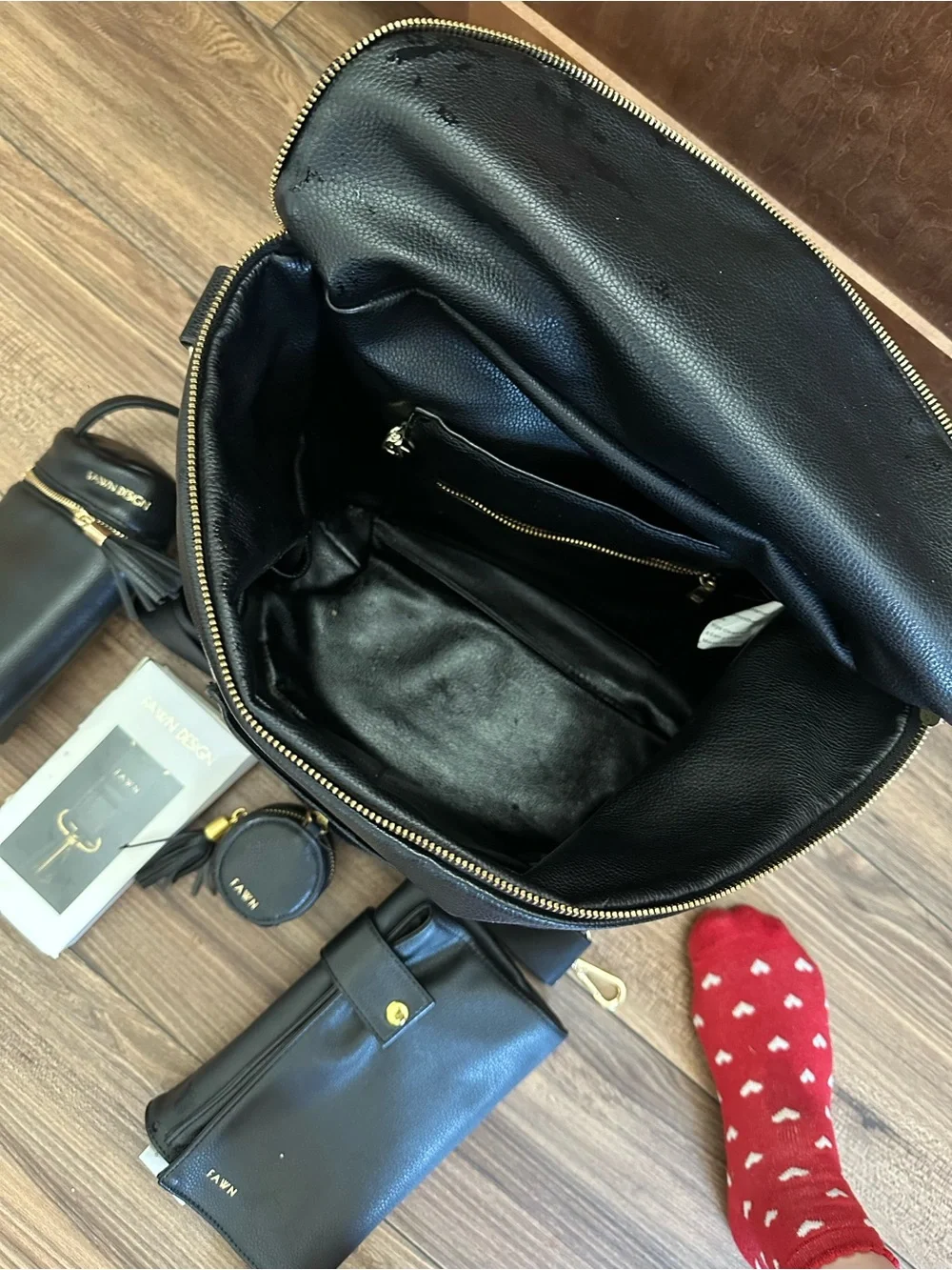 Fawn Design Black Leather Convertible Backpack Set with Gold Hardware
